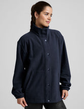 blue fleece button up jacket with a full front zip and snap closures and pockets.